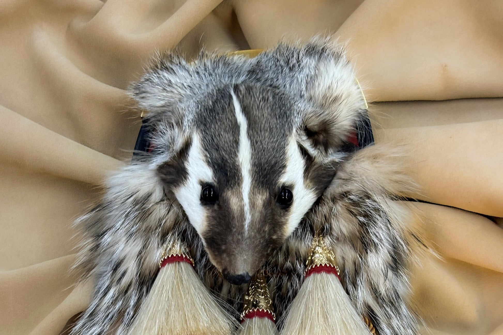 Full mask Badger sporran with white horsehair tassels