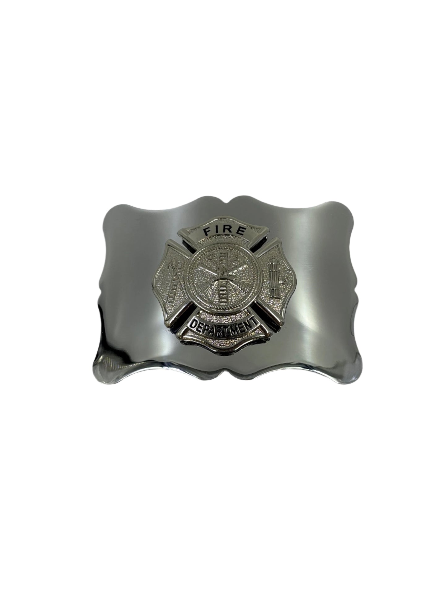 Silver buckle with firefighter design