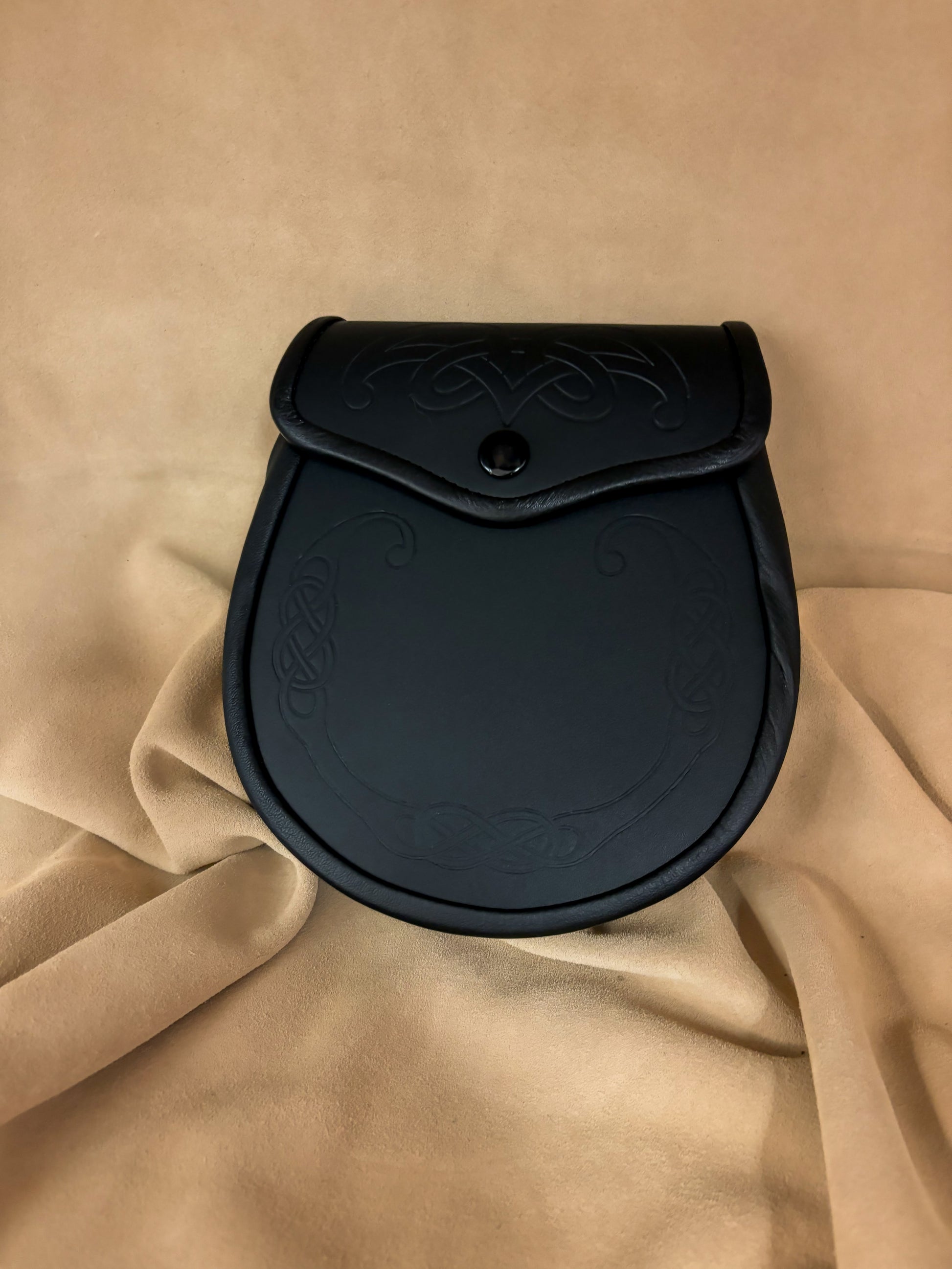 Seamus black leather sporran with celtic emboss