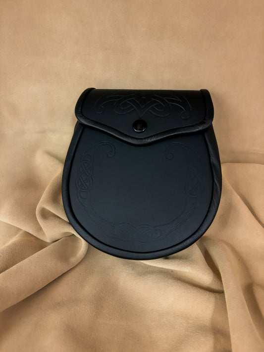 Seamus black leather sporran with celtic emboss