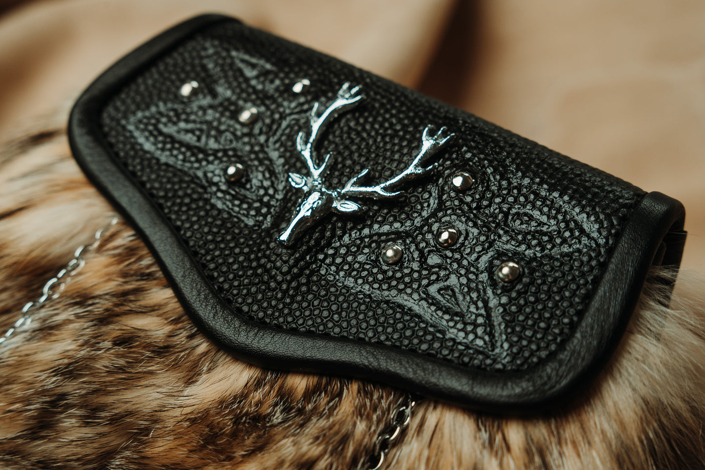 chrome stag badge with celtic weave surrounding