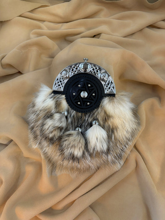 Full dress sporran with badger fur, black leather celtic targe and silver cantle