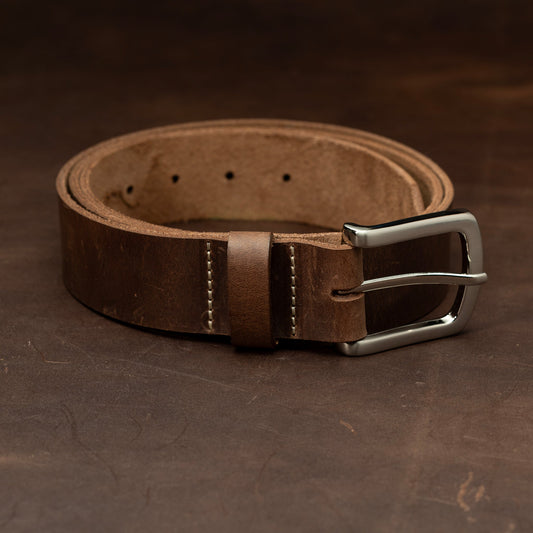 Dark brown leather with nickel buckle