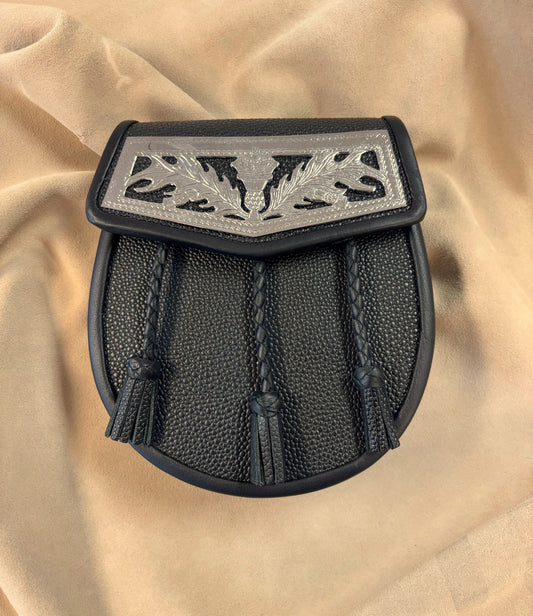 Black Pebbled Leather Sporran with Thistle Flap Plate