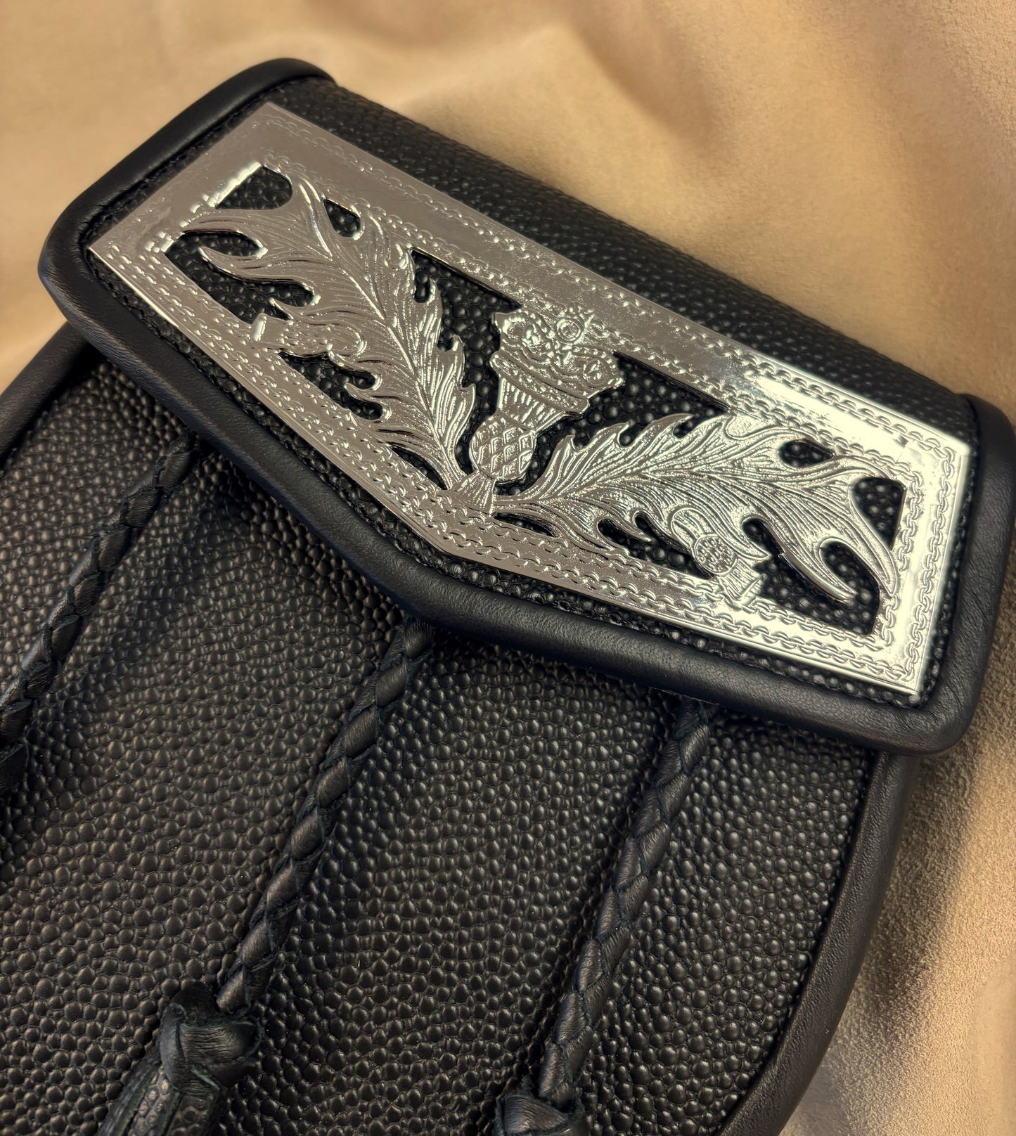 Black Pebbled Leather Sporran with Thistle Flap Plate